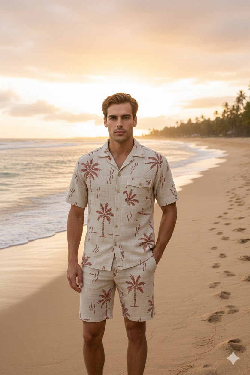 Palm print, linen blend, beige resort shirt
