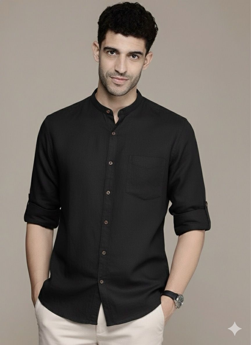Linen blend, black band-collar shirt
