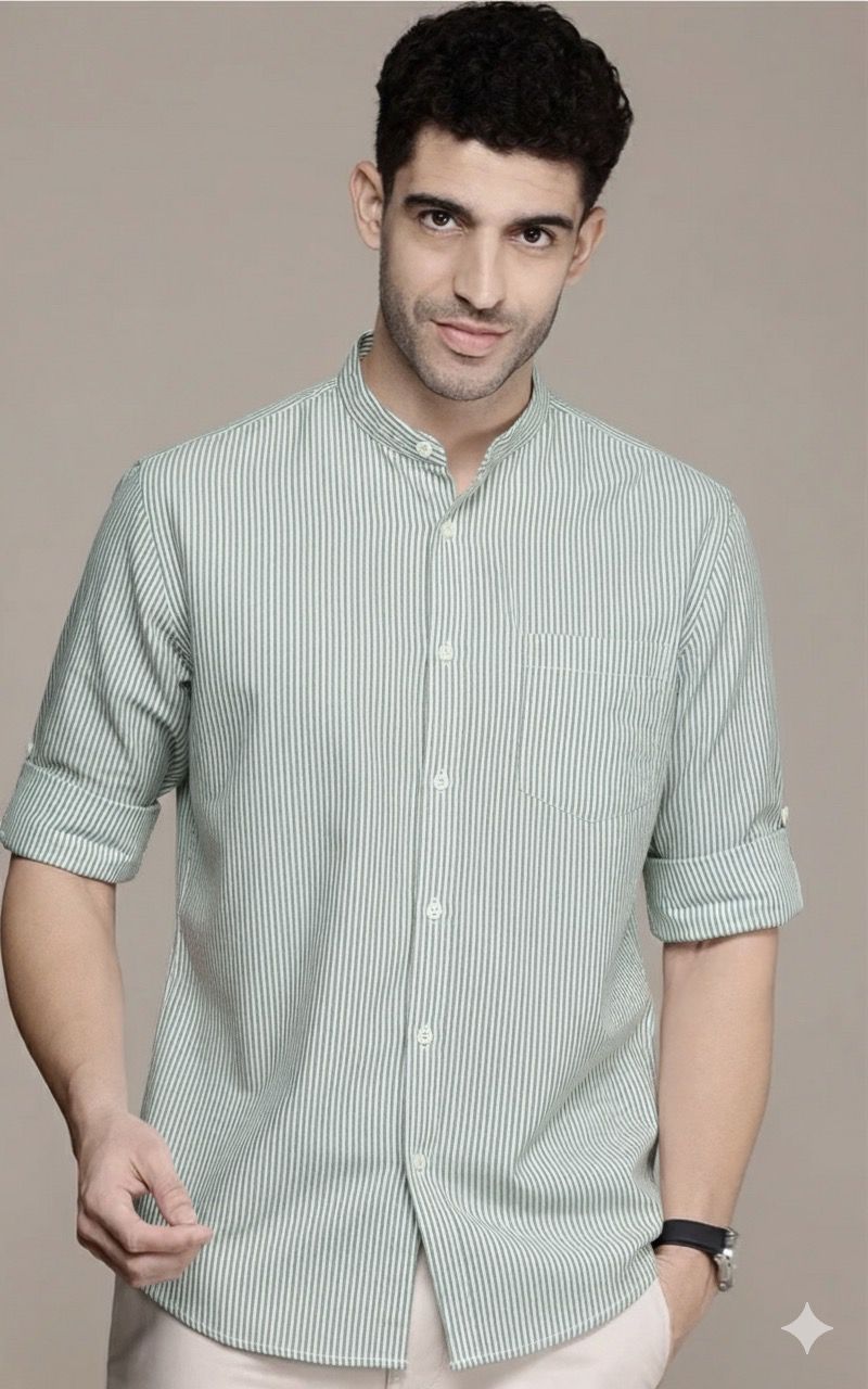 Mint green striped band-collar cotton shirt