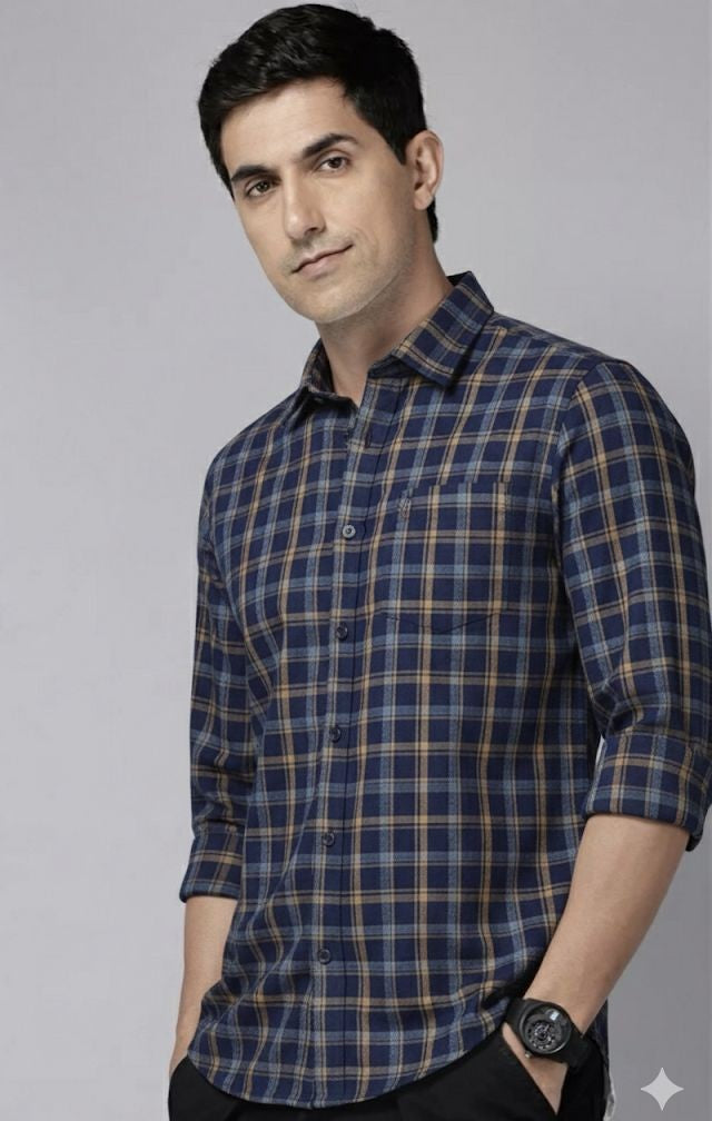 Navy and tan checked shirt