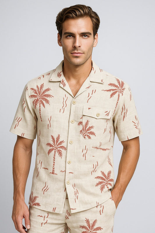 Palm print, linen blend, beige resort shirt