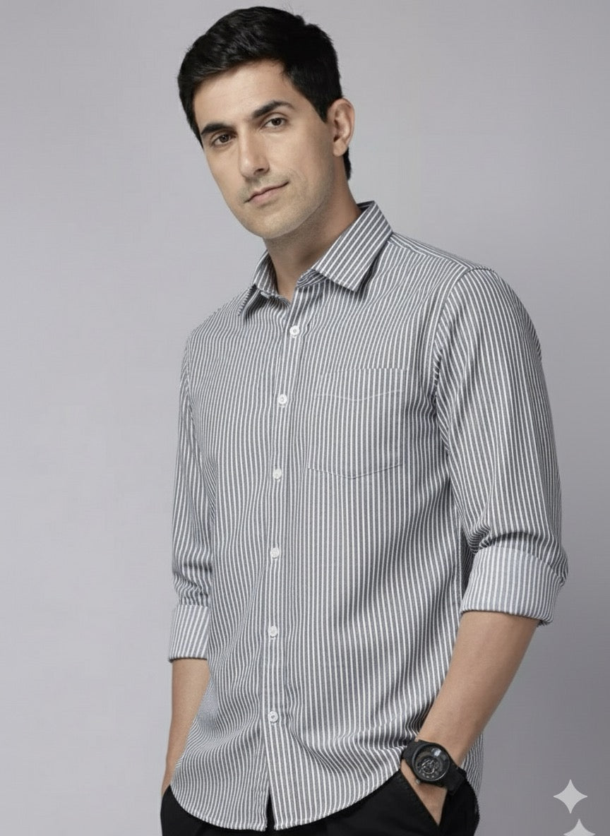 Navy and white striped cotton shirt