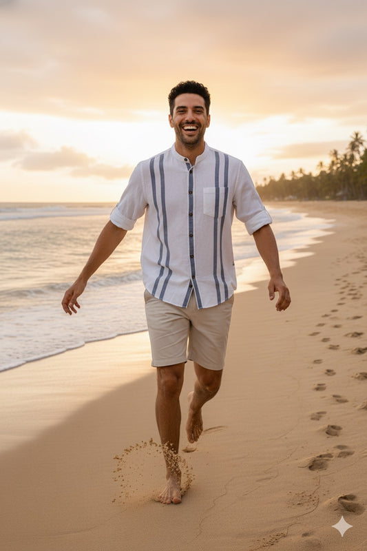 Linen blend, white band collar , blue stripes shirt