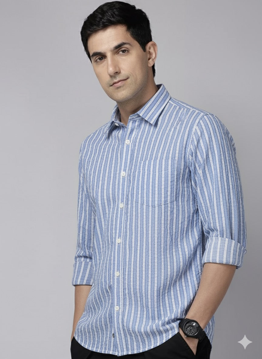 Blue and white striped seersucker cotton shirt