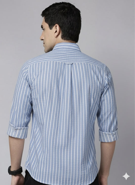 Blue and white striped seersucker cotton shirt